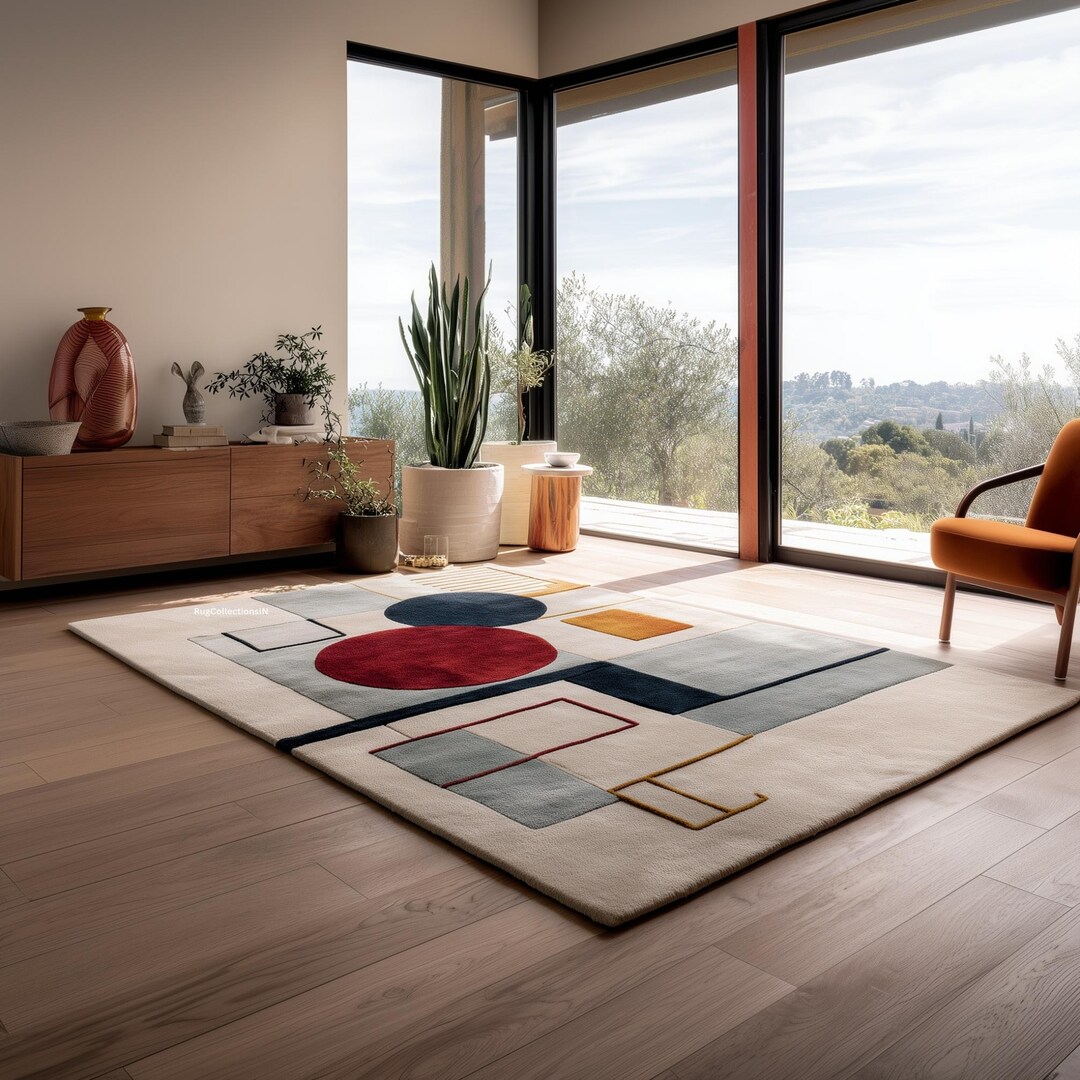 Modern Geometric Wool Rug | Hand Tufted Abstract Area Rug With Circles ...