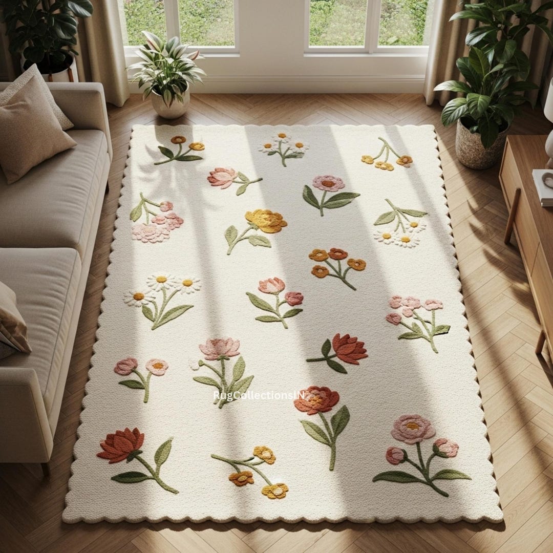 Hand Tufted Floral Rug | Cottagecore Botanical Carpet | Cream Wool Area ...