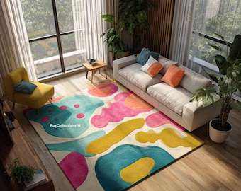 Alfombra de lana abstracta colorida hecha a mano / Alfombra de arte moderno / Alfombra contemporánea para sala de estar / Alfombra de diseño hecha a mano