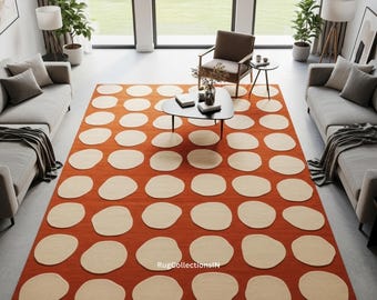 Tapis à pois moderne Mid-Century | Moquette en laine faite main | Tapis de salon orange rétro | Décoration minimaliste scandinave | Tailles personnalisées