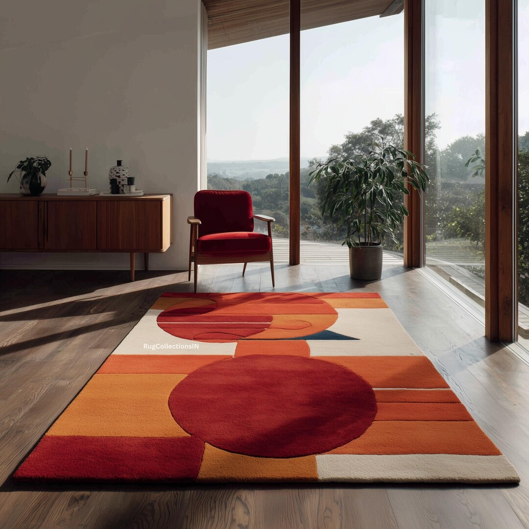 Mid Century Modern Abstract Wool Rug | Hand Tufted Retro Color Block ...