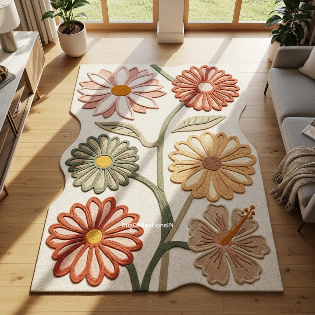 Floral Daisy Rug | Hand Tufted Wool Flower Carpet | Colorful Bloom Area ...