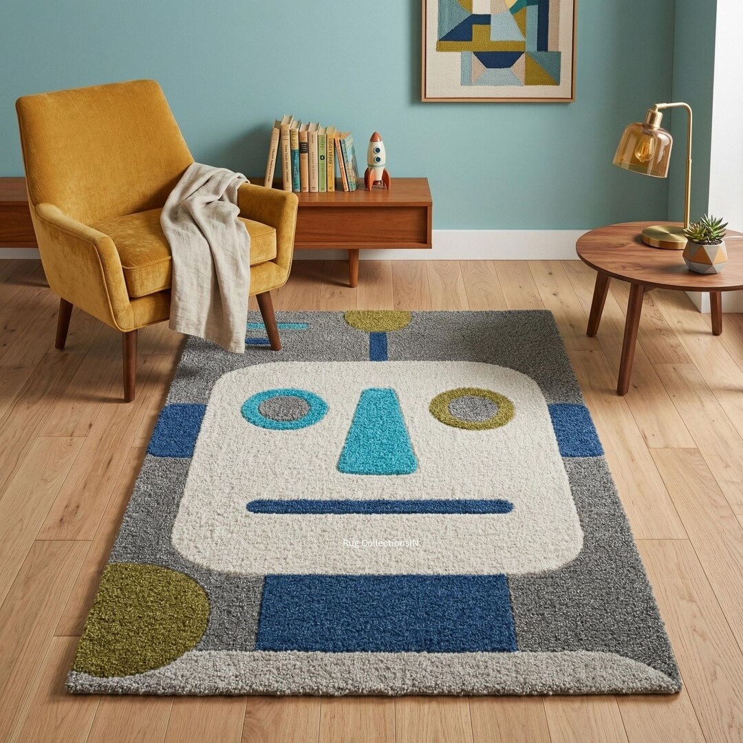 Cute Robot Design Tufted Rug for Kids Room, Playful Handmade Wool ...
