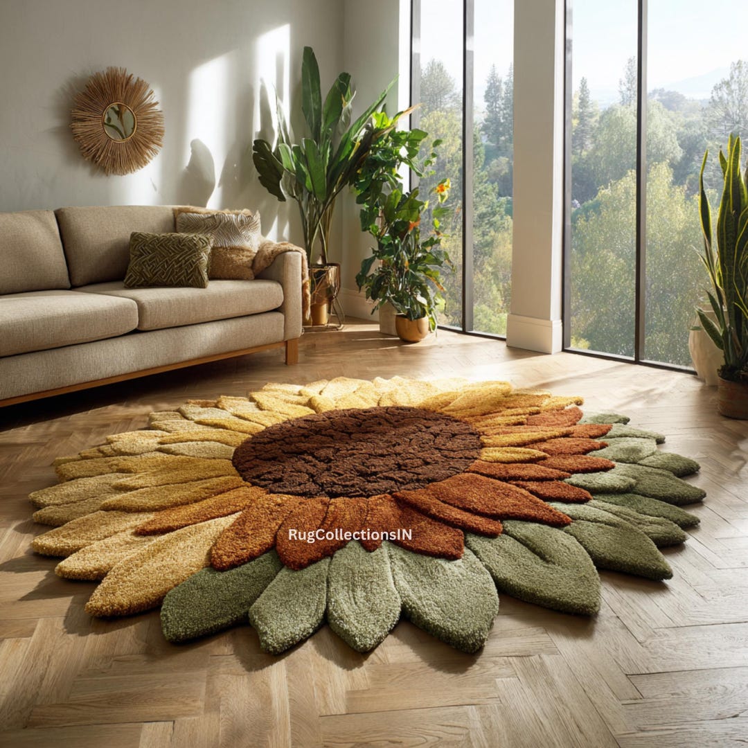 Hand-tufted Wool Sunflower Rug, Abstract Floral Area Rug, Earth Tones ...