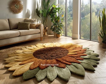Alfombra de lana con diseño de girasoles, hecha a mano, con diseño floral abstracto, decoración para sala de estar en tonos tierra, tamaño personalizado.