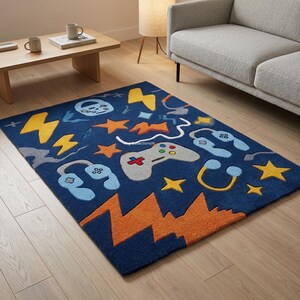 Playful Gaming Theme Rug with Controller and Stars, Handmade Tufted Wool Rug for Kids Room or Teen Bedroom Decor