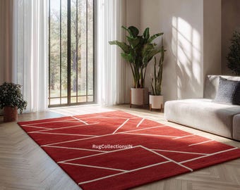 Hand-Tufted Wool Area Rug | Abstract Geometric Red Carpet, Custom Size