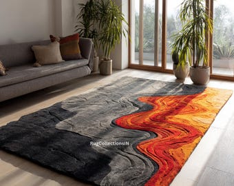 Hand-Tufted Wool Area Rug, Abstract Wave, Modern Orange Gray Black, Custom Size