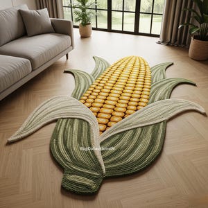 May include: A unique, corn-shaped rug with a yellow and brown corn cob design, surrounded by green and off-white leaves. The rug is made of a thick, textured material and is placed on a wooden floor. The rug is a decorative item for a living room.
