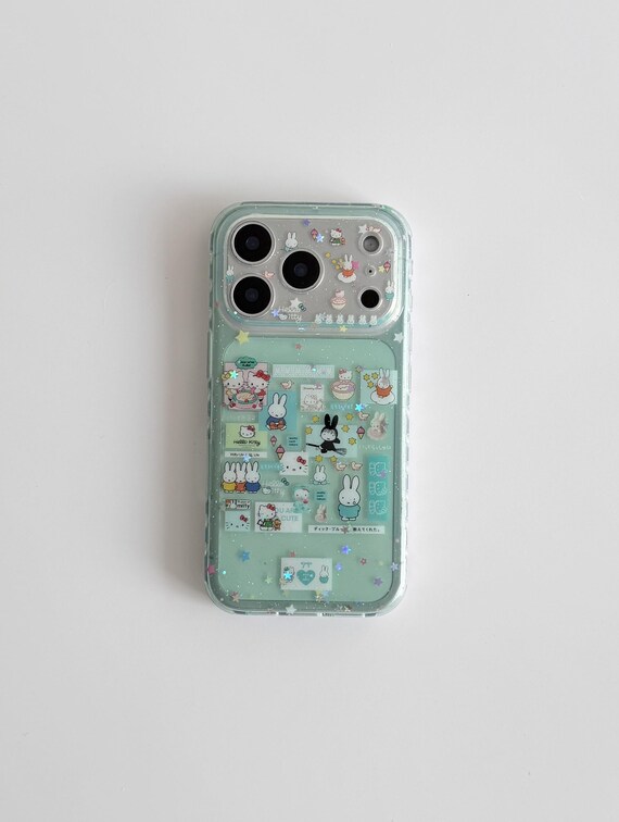 Cute Miffy Phone Case for iPhone 16 15 14 Pro Max, Soft Mint Green Glitter Cover with Kawaii Bunny Collage and Sparkle Clear Bumper