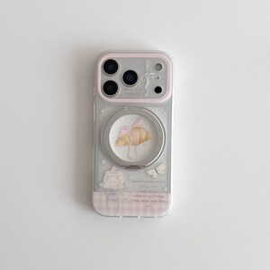 Cute Croissant iPhone Case with Magnetic Ring Stand, Pink Bow Coquette Phone Cover, Aesthetic Cake Design, MagSafe Compatible