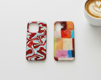 Colorful Abstract iPhone Case, Red Marble Swirl & Geometric Pattern, Glossy Iridescent Phone Cover for iPhone 14 15 16 Pro Max
