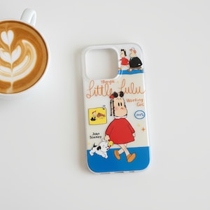 May include: Clear phone case featuring a cartoon illustration of Little Lulu in a red dress, walking with a dog. The case has a blue border and includes the text "Little Lulu" and "John Stanley."