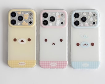 Cute Cartoon Animal Phone Case for iPhone 16 15 14 Pro Max, Kawaii Rilakkuma Miffy Mamegoma Soft Cover, Pastel Gingham Pattern