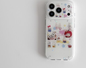 Cute Bunny Collage Phone Case for iPhone 17 16 15 Pro Max, Clear Glitter Soft Cover with Kawaii Rabbit Stickers and Stars