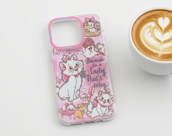 Cute Pink Cat iPhone Case with Beaded Strap, Cartoon Kitty Cover for iPhone 14 15 16 Pro Max