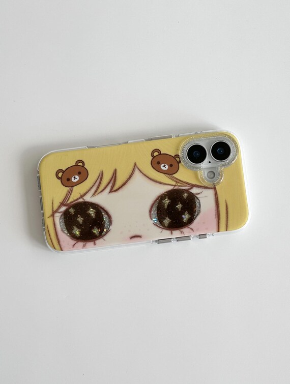 Cute Anime Girl Phone Case with Glitter Eyes, Bear Hair Clips Illustration, Kawaii iPhone 16 15 14 Pro Max Case, Clear Bumper Cover