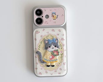 Embroidered Cat Phone Case for iPhone 16 15 14 Pro Max, Cute Floral Kitten Leather Texture Cover, Split Design Protective Shell
