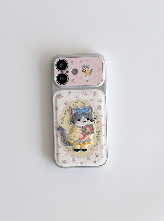 Embroidered Cat Phone Case for iPhone 16 15 14 Pro Max, Cute Floral Kitten Leather Texture Cover, Split Design Protective Shell