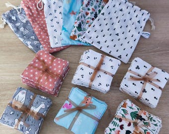 Set of 10 washable wipes + matching cotton bag, baby wipes, reusable wipes
