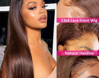 May include: A woman with long, straight, dark brown hair. The image shows a close-up of a 13x4 lace front wig with a natural hairline and baby hairs. The brand name "EBUWIG" is visible in the bottom left corner.