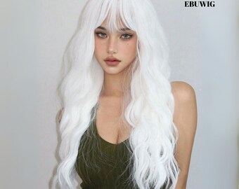 Long White Wavy Wig With Bangs – Natural Look Heat Resistant  display picture 2