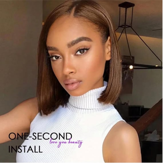 女性用ショートブラウンボブレースフロントウィッグ、13x4ストレート