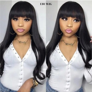 May include: Two images side-by-side of a person with long, straight black hair with a blunt bang. The person is wearing a white, ribbed, button-down shirt and a gold necklace. The text "EBUWIG" is in the top right corner.