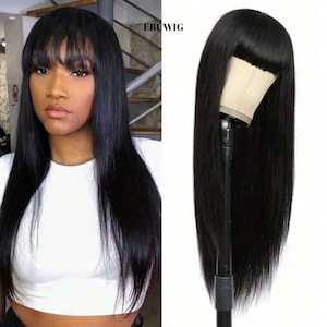 May include: A black wig with a blunt fringe, displayed on a mannequin head and worn by a person. The wig features long, straight hair. The brand name "EBUWIG" is visible in the top right corner.