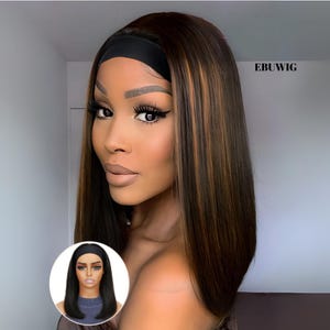 14 Inch Headband Wig for Women, Mixed Brown Ombre, Glueless Bob, Straight Synthetic, Heat Resistant, Daily and Party Wear