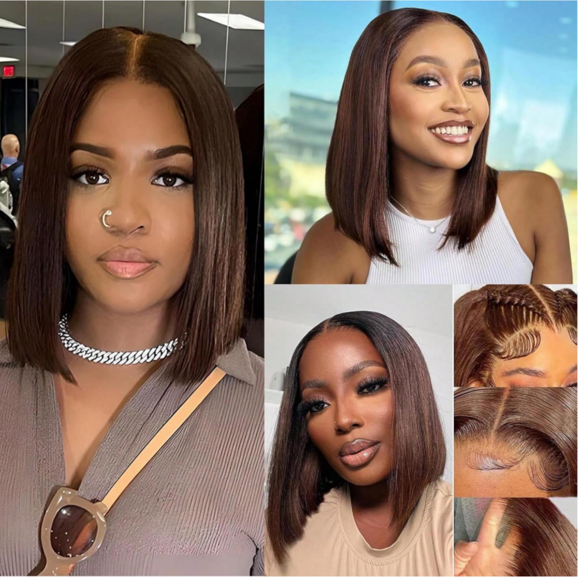 女性用ショートブラウンボブレースフロントウィッグ、13x4ストレート