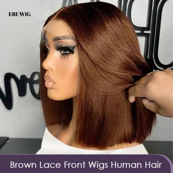 女性用ショートブラウンボブレースフロントウィッグ、13x4ストレート