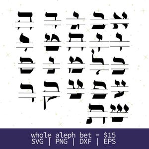 May include: Black Hebrew alphabet letters with horizontal lines for personalization. The image includes the text "whole aleph bet = $15" and file type options: SVG, PNG, DXF, and EPS. The letters are displayed on a white background.