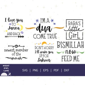 Op de afbeelding: Een verzameling digitale ontwerpen met inspirerende citaten in zwart schrift. Zinnen zijn onder meer "I love you to Janna and back", "I'm a dua come true" en "Baba's little girl". Geschikt voor diverse knutselprojecten.