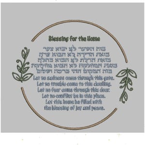 Może przedstawiać: Haftowane dzieło sztuki z tekstem "Blessing for the Home" w języku angielskim i hebrajskim. Projekt przedstawia okrągłą ramę z kwiatowymi akcentami i jasnoszarym tłem. Tekst zawiera modlitwę o pokój i radość.