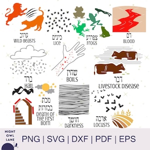 May include: A digital illustration featuring various plagues, including wild beasts, lice, frogs, blood, boils, hail, livestock disease, death of the firstborn, darkness, and locusts. The image includes text in English and Hebrew.