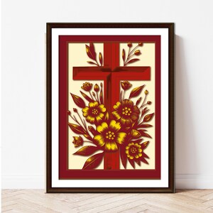Könnte beinhalten: Gerahmtes Kunstwerk mit einem roten Kreuz und einem Strauß gelber Blumen. Die Blumen und das Kreuz sind vor einem cremefarbenen Hintergrund platziert, der von einem roten Rand und einem dunkelbraunen Rahmen umgeben ist. Das Kunstwerk ist religiös thematisiert.