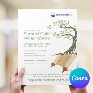 May include: A certificate with the text "This is to certify that Samuel Gold was called to the Torah as a Bar Mitzvah on October 18, 2025." The certificate features a tree illustration and the Temple Beth-El logo.