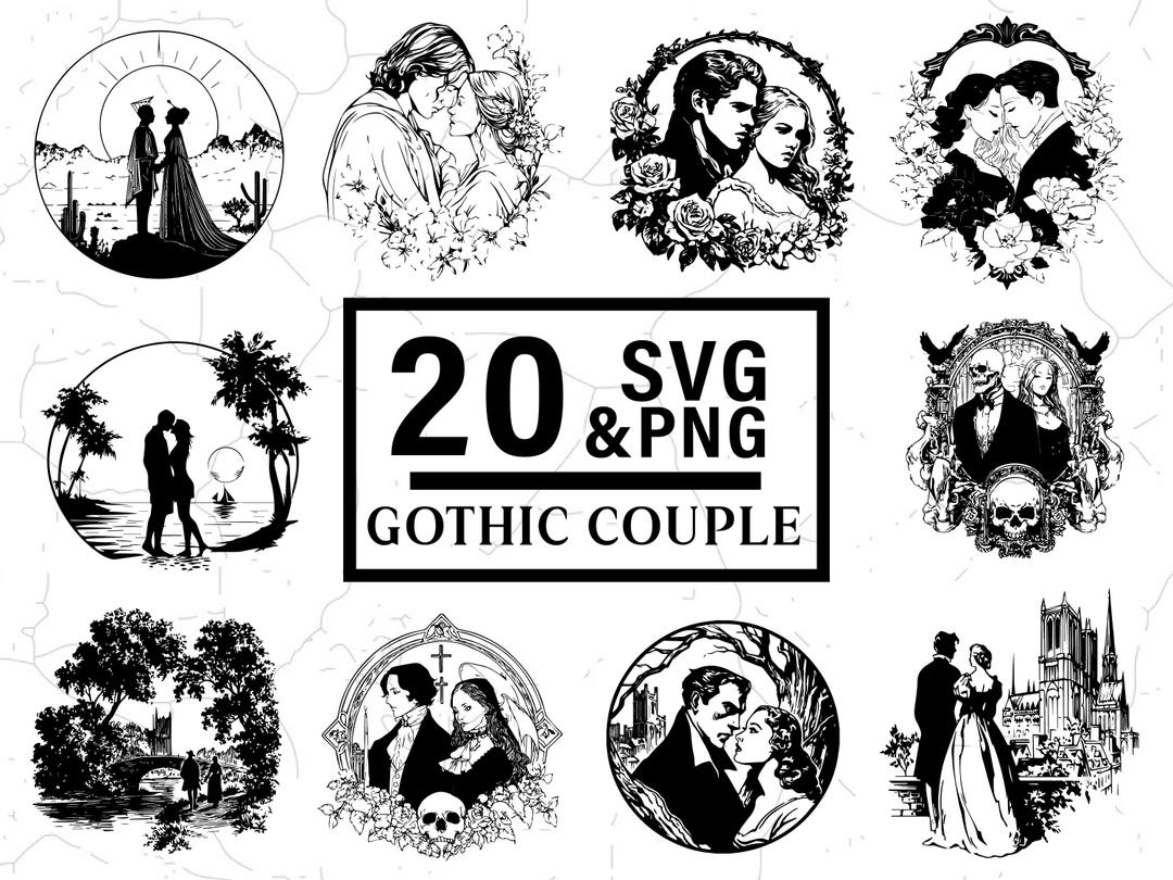 Gothic Couple SVG Bundle, Skeleton Love PNG, Dark Wedding Silhouette ...