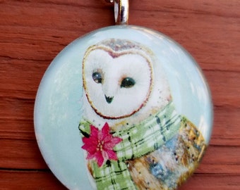Christmas Snow Owl   Glass Tile Pendant