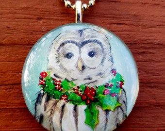 Owl with Christmas Wreath   Glass Tile Pendant