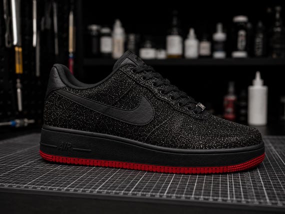 Custom Glitter Sneakers, Handmade Sparkle Streetwear Shoes, Black Luxury Red Sole Sneakers