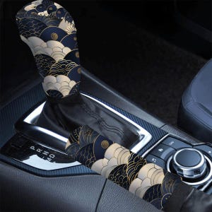 Japanese Blue Wave Pattern Gear Shift Cover Set Zen Car Interior Accessories