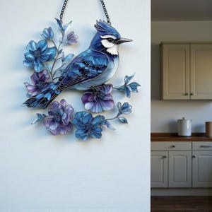 Könnte beinhalten: Wanddekoration mit einem blauen Eichelhäher, der auf einem Ast mit blauen und lila Blumen sitzt. Der Vogel hat detaillierte blaue und weiße Federn. Die Blumen sind eine Mischung aus Blau und Lila. Aufgehängt an einer schwarzen Kette.