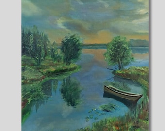 Boat on the Lake – Original Oil Painting 40x50 cm. Tranquil Nature Landscape