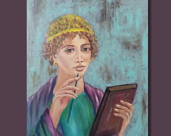Sappho : la muse de la Grèce antique. Peinture acrylique originale sur toile représentant Sappho