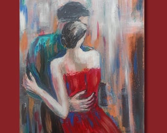 May include: An abstract painting of a couple dancing. The woman wears a red dress, and the man is in a dark green shirt. The background features vertical brushstrokes in various colors, creating a sense of movement and emotion.