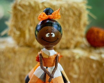 Halloween Collectible Doll, Autumn Gift Ideas, Fall Peg Dolls, Halloween Decoration, African American Figurine, Wooden Toys, Black Girl Doll