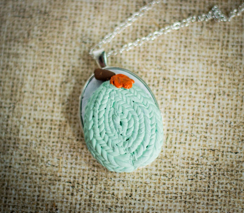 Pumpkin Necklace Pendant, Halloween Pumpkin Jewelry Green, Handmade Fall Jewelry, Fall Birthday Gift, October Jewelry, Polymer Clay Pumpkin image 1