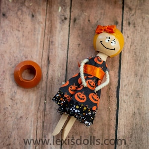 Handmade Halloween Collectible Doll, Pumpkin Dress, Jack o Lanterns, Fall Peg Dolls, Halloween Decoration, Dollhouse Miniatures,